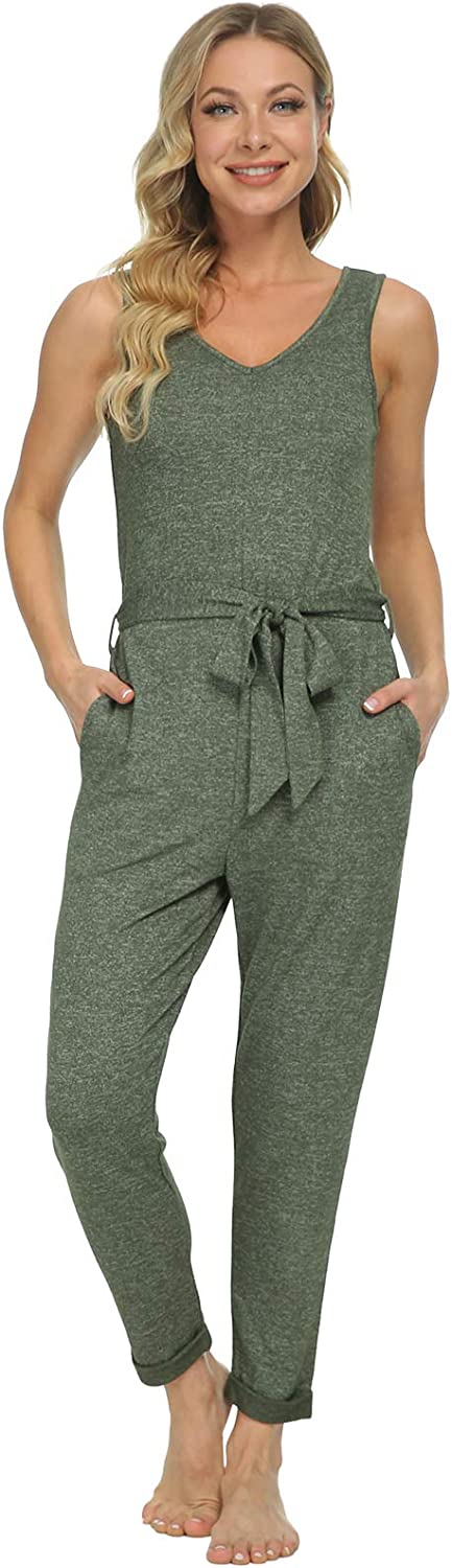 DE Mnemo Damen Jumpsuit Ärmelloser Strampler mit Rundem Hals Sommeranzug Elegante, Schlanke, Lockere Hose Lässiger Spielanzug mit Gürtel