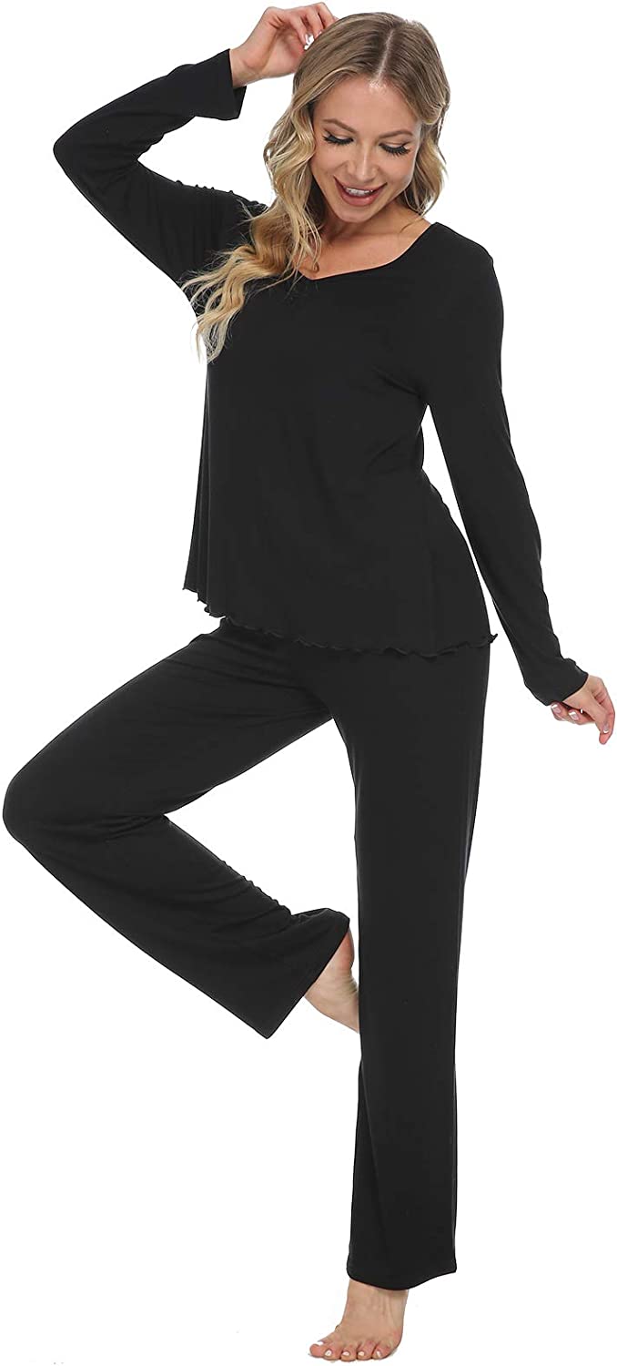 DE Damen Pyjama Set mit Spitze Lange Ärmel Nachtwäsche Streifen Tops und Unterteil Damen Loungewear