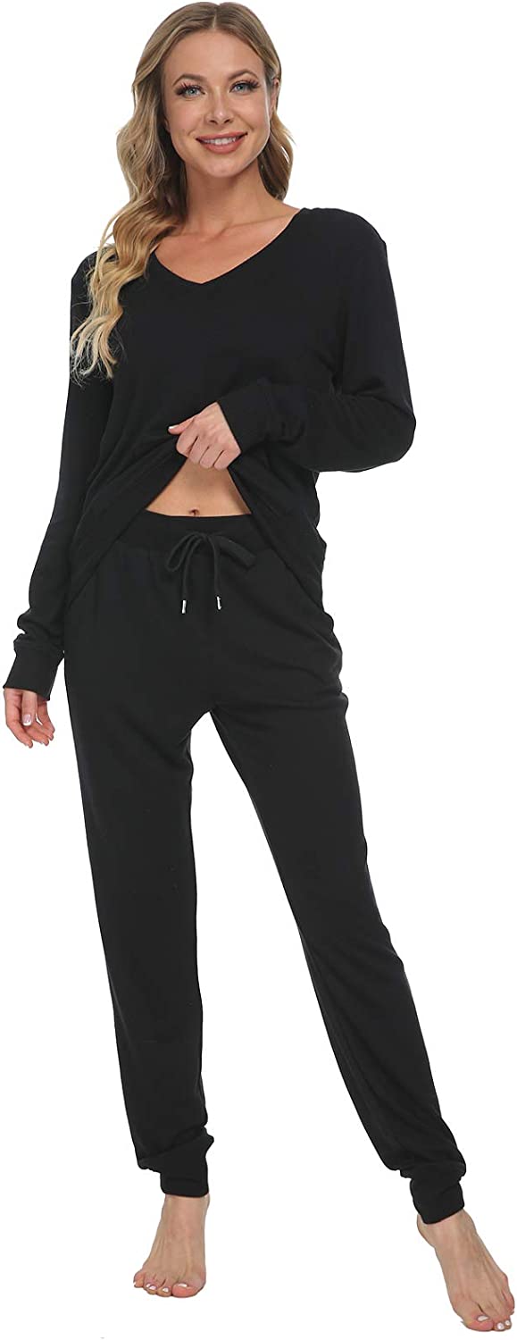 DE Mnemo Schlafanzug Damen Langarm Pyjama Damen Weich mit V-Ausschnitt Homewear Damen Set Lounge Wear Women Set