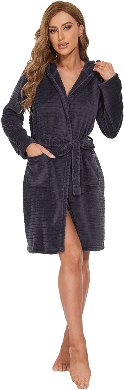 DE Mnemo Bademantel Damen Kimono Frauen Langarm Bademantel Kapuze Damen Morgenmantel Damen Flauschig Damen Saunamantel mit Kapuze und Taschen