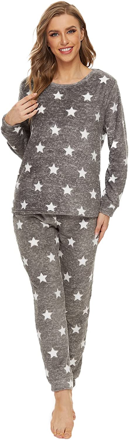 DE Mnemo Fleece Schlafanzug Damen Lang Frottee Schlafanzug Damen Winter Rundhals Pyjama Damen Flauschig