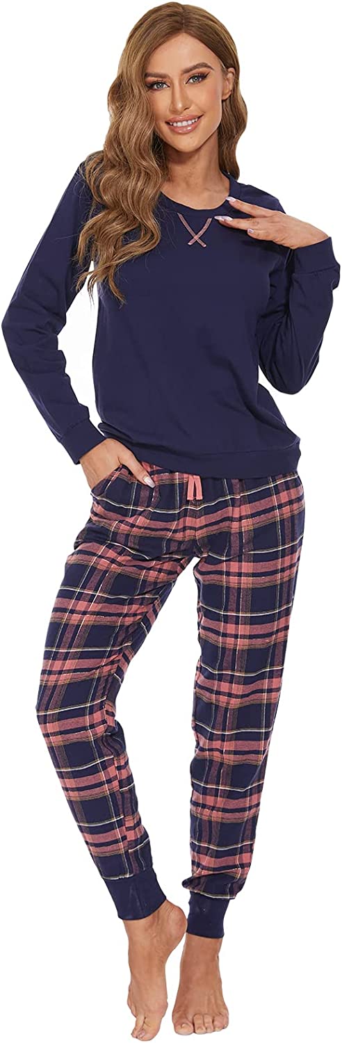 DE Mnemo Schlafanzug Damen 100% Baumwolle Bequemer Pyjama Damen Baumwolle mit Karomuster