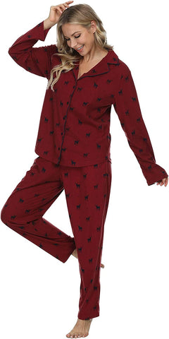 DE Mnemo Damen Pyjama Set Loungewear volle Länge Oberteil & Hose Nachtwäsche 100% Polyester Nachtwäsche Weihnachten Schlafanzug