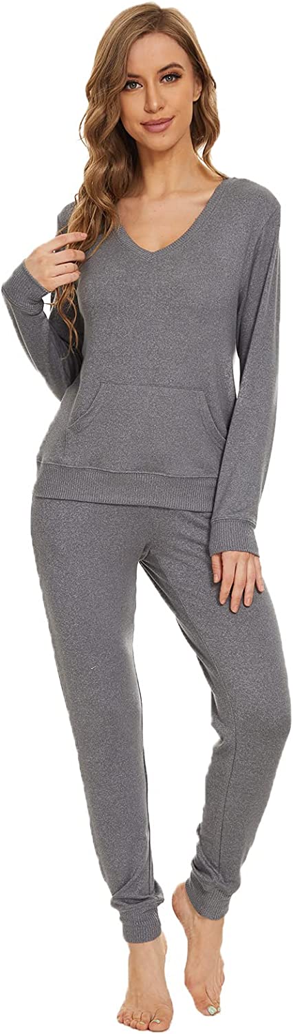 DE Mnemo Schlafanzug Damen Langarm Pyjama Damen Weich mit V-Ausschnitt Homewear Damen Set Lounge Wear Women Set