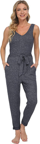 DE Mnemo Damen Jumpsuit Ärmelloser Strampler mit Rundem Hals Sommeranzug Elegante, Schlanke, Lockere Hose Lässiger Spielanzug mit Gürtel