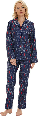 DE Mnemo Damen Pyjama Set Loungewear volle Länge Oberteil & Hose Nachtwäsche 100% Polyester Nachtwäsche Weihnachten Schlafanzug