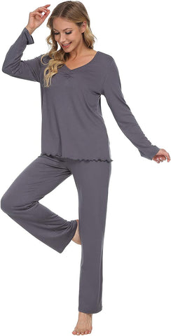 DE Damen Pyjama Set mit Spitze Lange Ärmel Nachtwäsche Streifen Tops und Unterteil Damen Loungewear