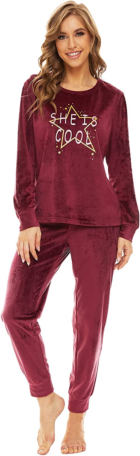 DE Mnemo Fleece Schlafanzug Damen Lang Frottee Schlafanzug Damen Winter Rundhals Pyjama Damen Flauschig