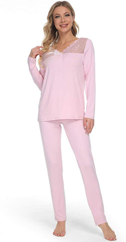 DE Mnemo Schlafanzug für Damen Weich Gestricktes Pyjama Set mit V-Ausschnitt und Exquisitem Gewelltem Saum 2 Stück Slim Fit Frauen Gemütliche Nachtwäsche