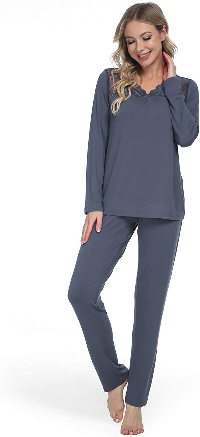 DE Mnemo Schlafanzug für Damen Weich Gestricktes Pyjama Set mit V-Ausschnitt und Exquisitem Gewelltem Saum 2 Stück Slim Fit Frauen Gemütliche Nachtwäsche