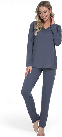 DE Mnemo Schlafanzug für Damen Weich Gestricktes Pyjama Set mit V-Ausschnitt und Exquisitem Gewelltem Saum 2 Stück Slim Fit Frauen Gemütliche Nachtwäsche