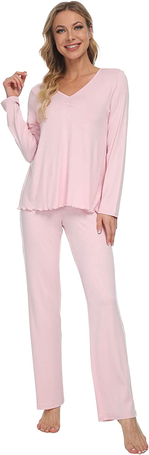 DE Damen Pyjama Set mit Spitze Lange Ärmel Nachtwäsche Streifen Tops und Unterteil Damen Loungewear