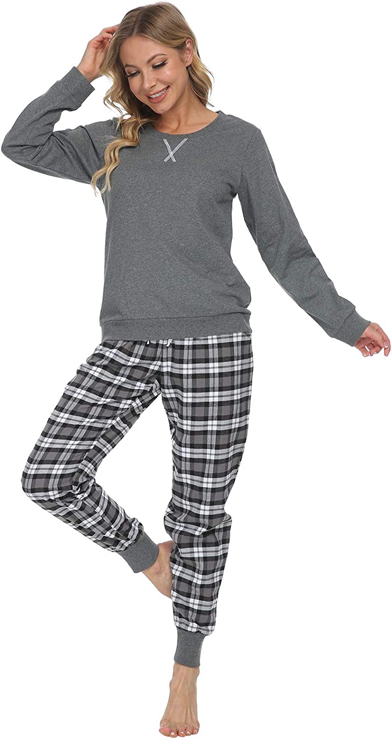 DE Mnemo Schlafanzug Damen 100% Baumwolle Bequemer Pyjama Damen Baumwolle mit Karomuster